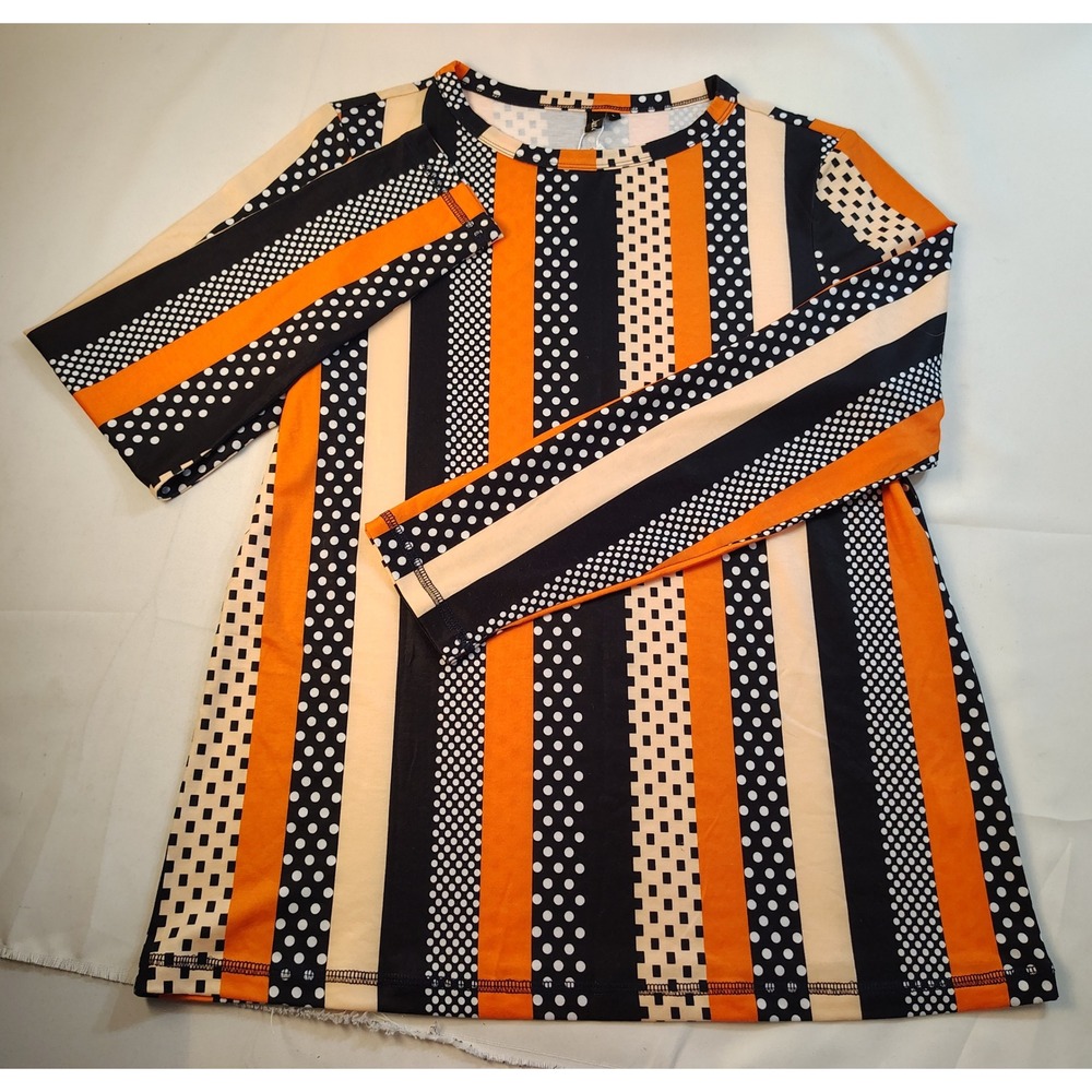 NWT Automet Women Size L Long Sleeve Geometric Mixed Print Top Orange Black Boho